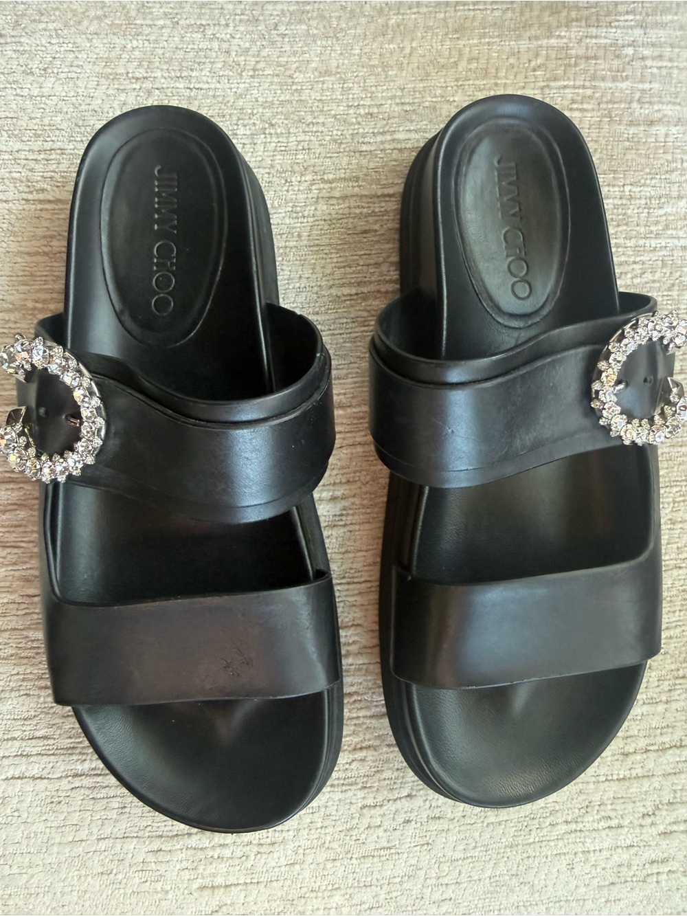 Jimmy Choo Black Leather Jeweled Buckle Slide Mules